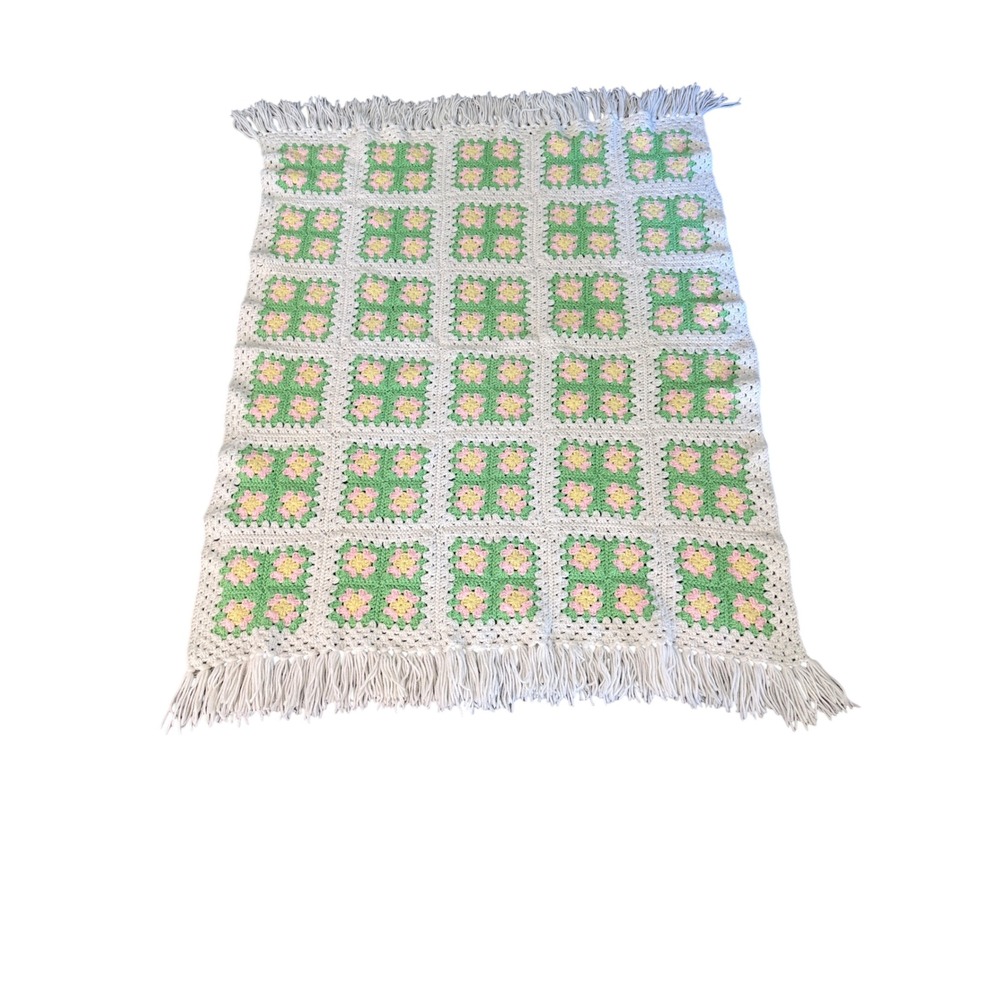 Vintage Handmade Crochet Floral Granny Square Afghan Throw Blanket Pastel Fringe